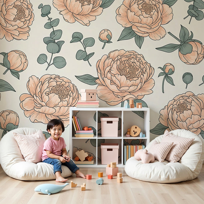 Papel de parede quarto bebê | Delicadas peônias em fundo suave