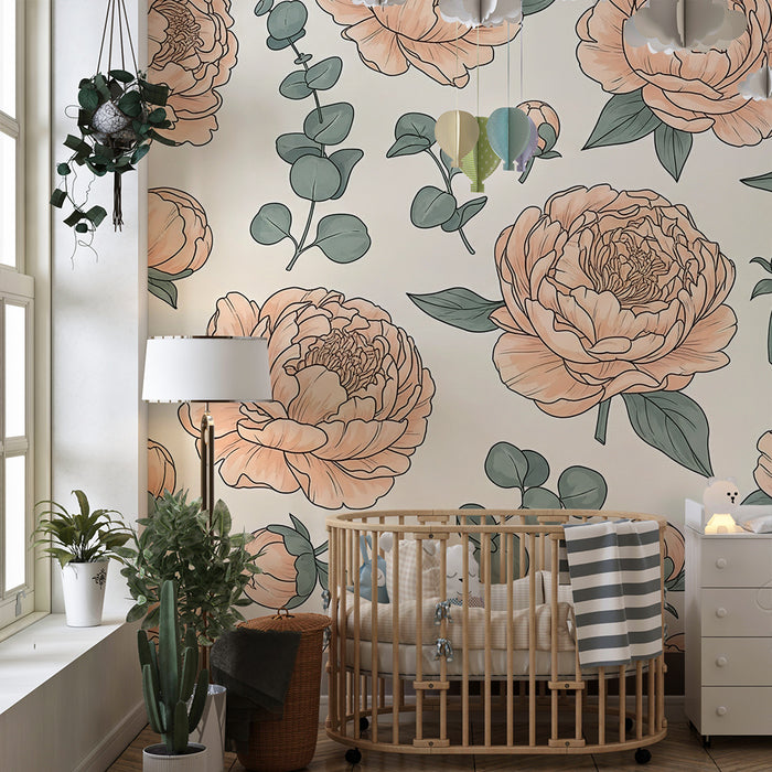 Papel de parede quarto bebê | Delicadas peônias em fundo suave