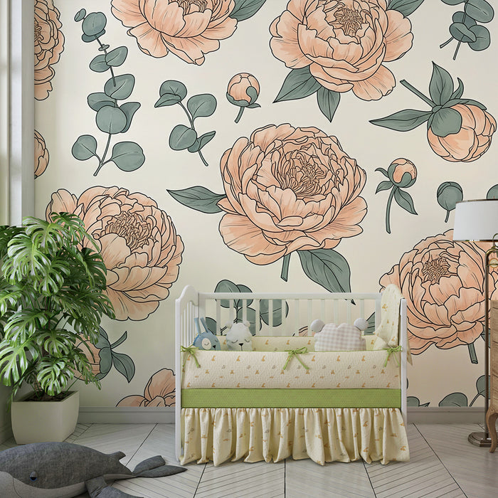 Papel de parede quarto bebê | Delicadas peônias em fundo suave