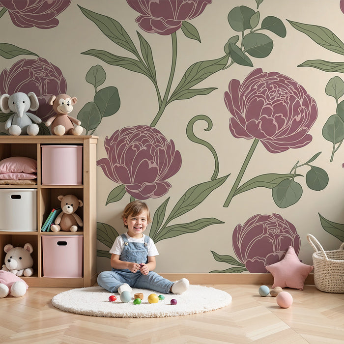 Papel de parede quarto bebê | Elegantes peônias em fundo suave