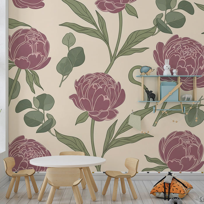 Papel de parede quarto bebê | Elegantes peônias em fundo suave