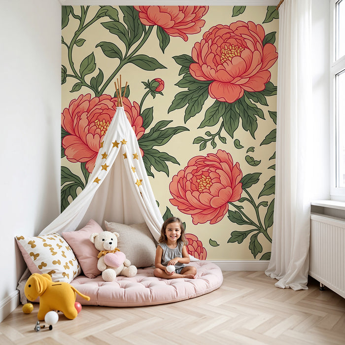 Barnrumspapper | Rosor och gröna pioner på beige botten
