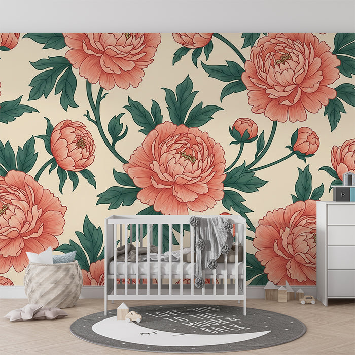 Babykamerbehang | Roze pioenrozen op crèmekleurige achtergrond