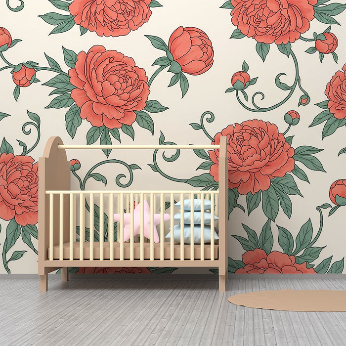 Barnrumstapet | Röd och grön pionblomma på crèmefärgad botten