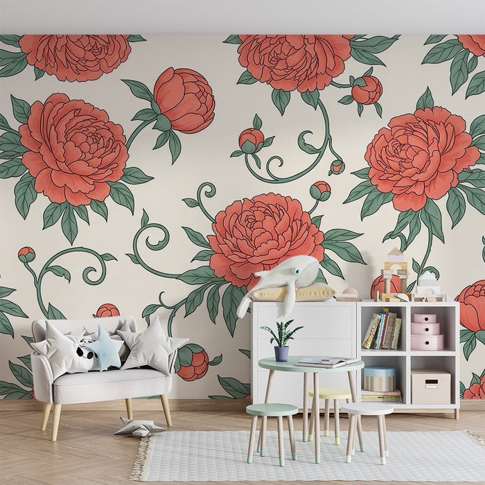 Barnrumstapet | Röd och grön pionblomma på crèmefärgad botten