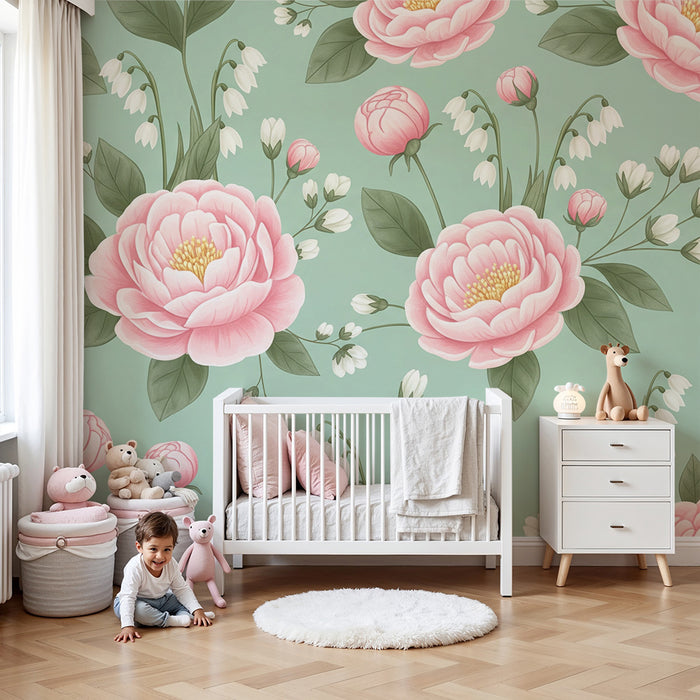 Papel pintado infantil | Flores de peonía y campanillas sobre fondo verde suave