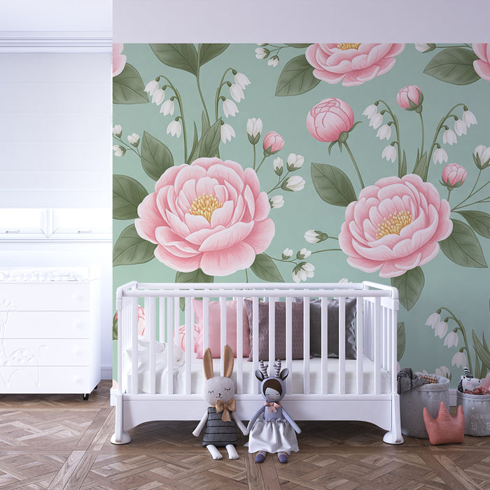 Papel pintado infantil | Flores de peonía y campanillas sobre fondo verde suave