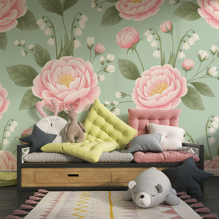 Papel pintado infantil | Flores de peonía y campanillas sobre fondo verde suave