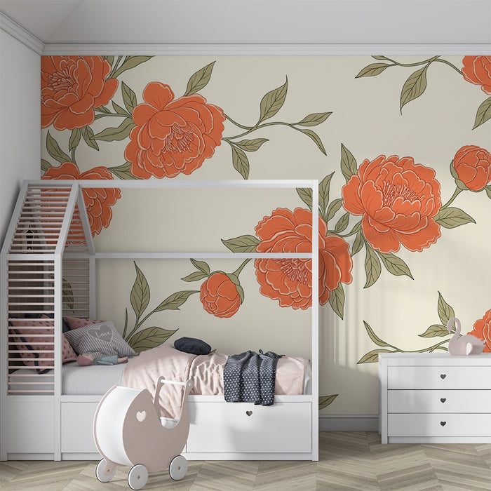 Børneværelse tapet | Orange pæonblomster på cremefarvet baggrund
