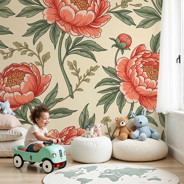 Behang kinderkamer | Rode pioenrozen