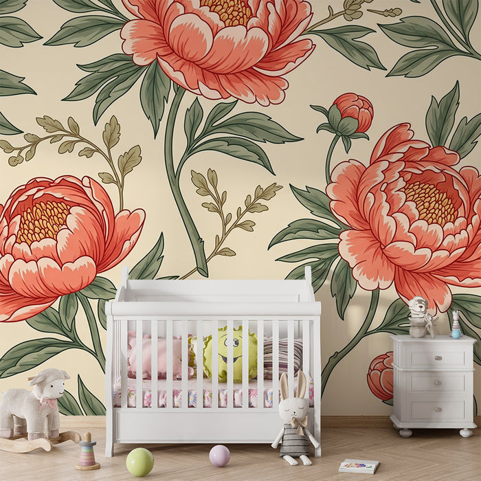 Behang kinderkamer | Rode pioenrozen