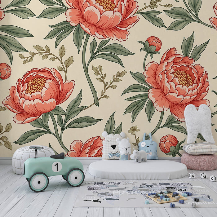 Behang kinderkamer | Rode pioenrozen