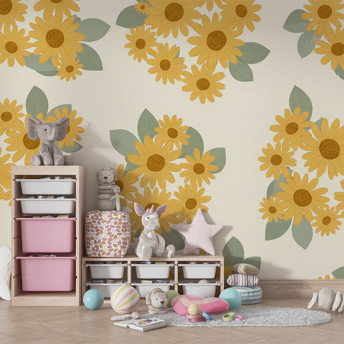 Papier peint chambre bébé | Fleurs de tournesol éclatantes sur fond doux