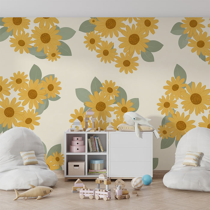 Papier peint chambre bébé | Fleurs de tournesol éclatantes sur fond doux