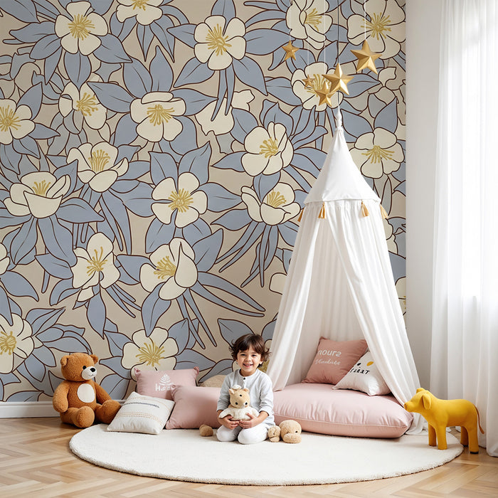 Papel de parede para quarto de bebé | Flores delicadas em tons de azul e creme