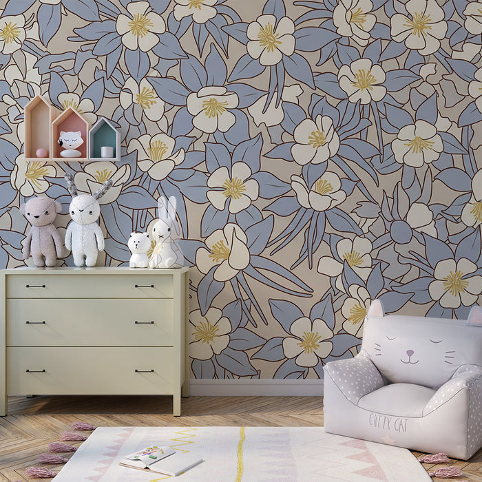Papel de parede para quarto de bebé | Flores delicadas em tons de azul e creme