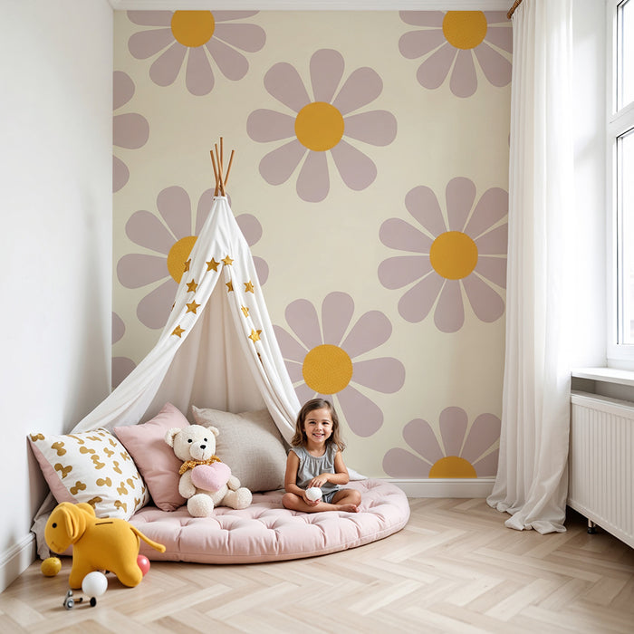 Papier peint chambre bébé | Fleurs délicates aux pétales mauves et cœurs dorés