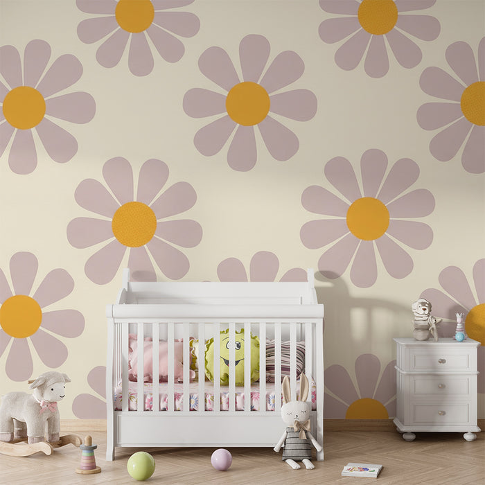 Papier peint chambre bébé | Fleurs délicates aux pétales mauves et cœurs dorés