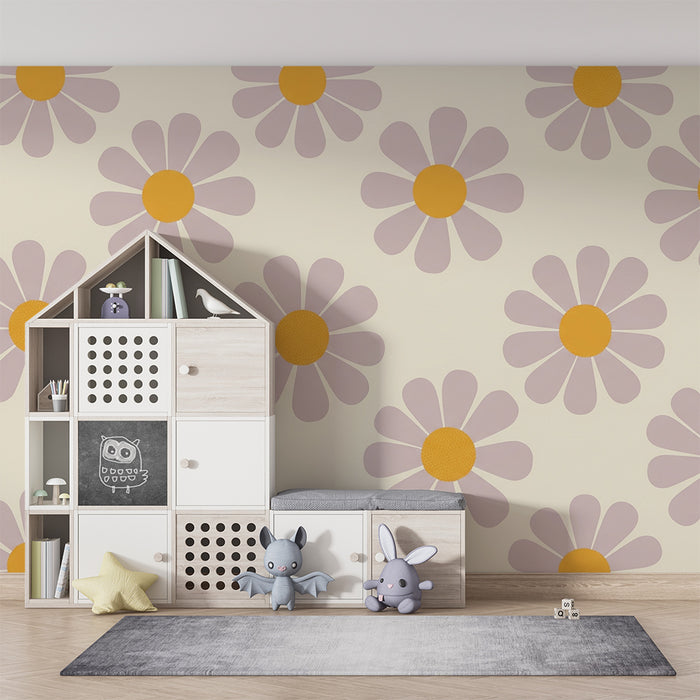 Papier peint chambre bébé | Fleurs délicates aux pétales mauves et cœurs dorés