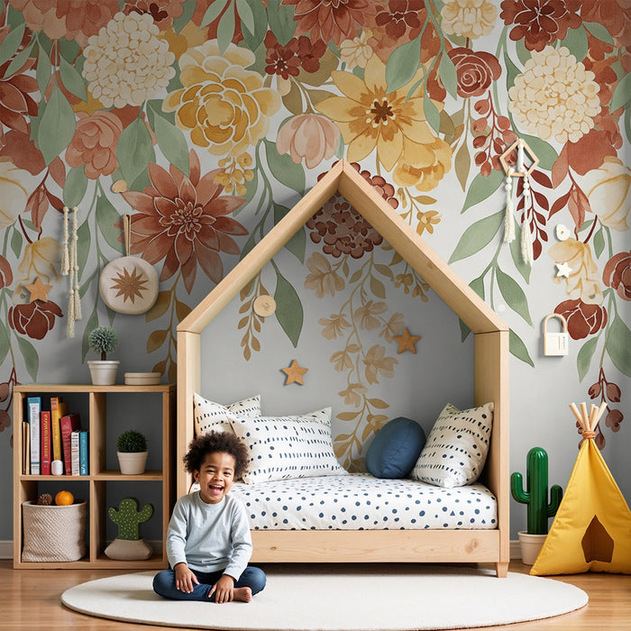 Babyzimmer Tapete | Zarte Blumen in herbstlichen Farbtönen