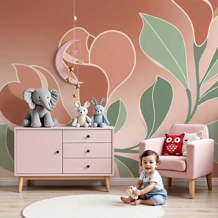 Papier peint chambre bébé | Fleurs délicates aux teintes douces de terracotta et vert