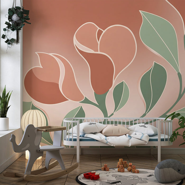 Papier peint chambre bébé | Fleurs délicates aux teintes douces de terracotta et vert