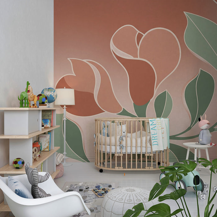 Papier peint chambre bébé | Fleurs délicates aux teintes douces de terracotta et vert