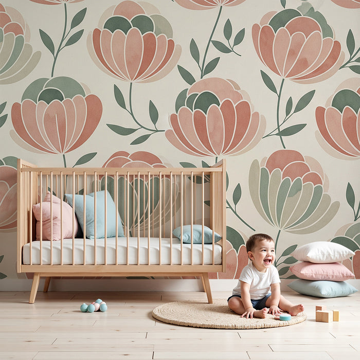 Babyzimmer Tapete | Zarte Blüten in sanften, beruhigenden Farben