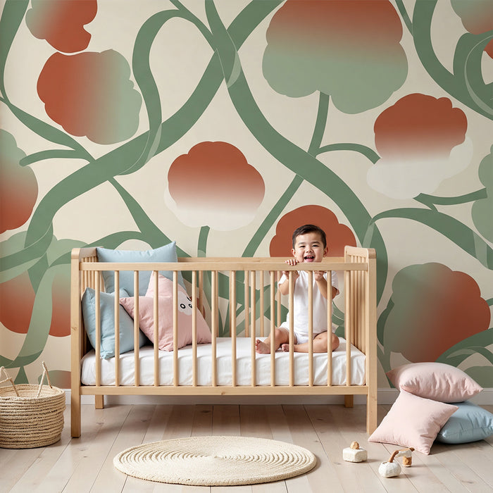 Papier peint chambre bébé | Fleurs délicates aux teintes douces et feuillage élégant