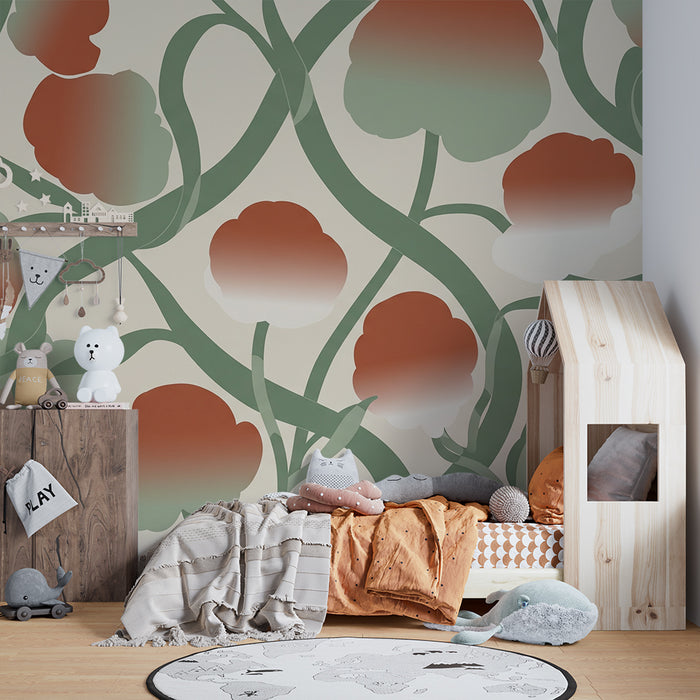 Papier peint chambre bébé | Fleurs délicates aux teintes douces et feuillage élégant