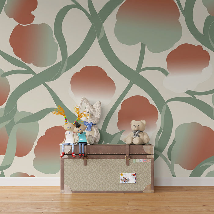 Papier peint chambre bébé | Fleurs délicates aux teintes douces et feuillage élégant