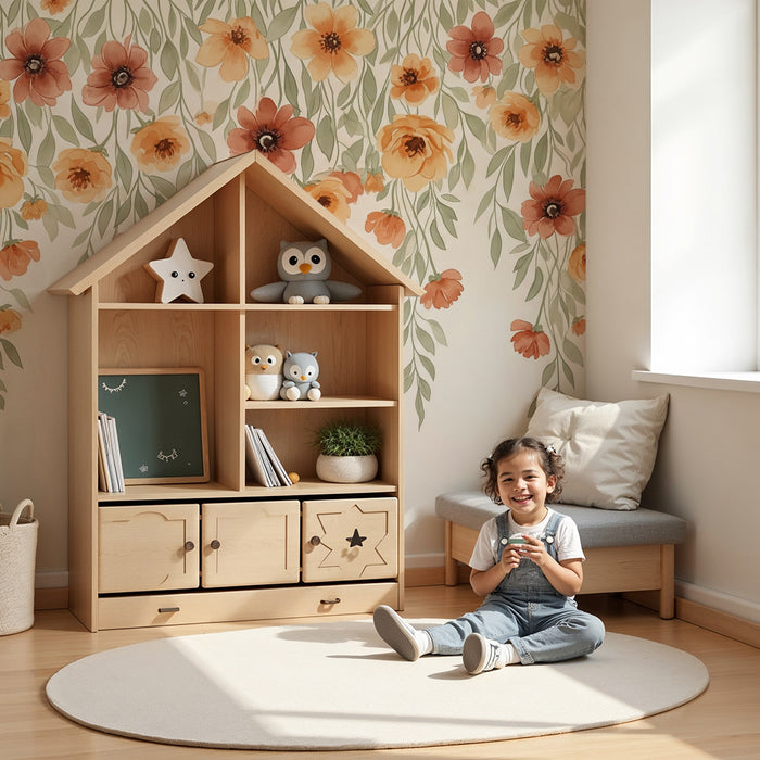 Papier peint chambre bébé | Fleurs délicates aux teintes douces et feuillage suspendu