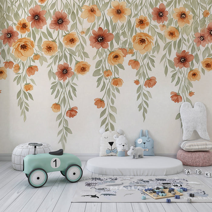 Papier peint chambre bébé | Fleurs délicates aux teintes douces et feuillage suspendu