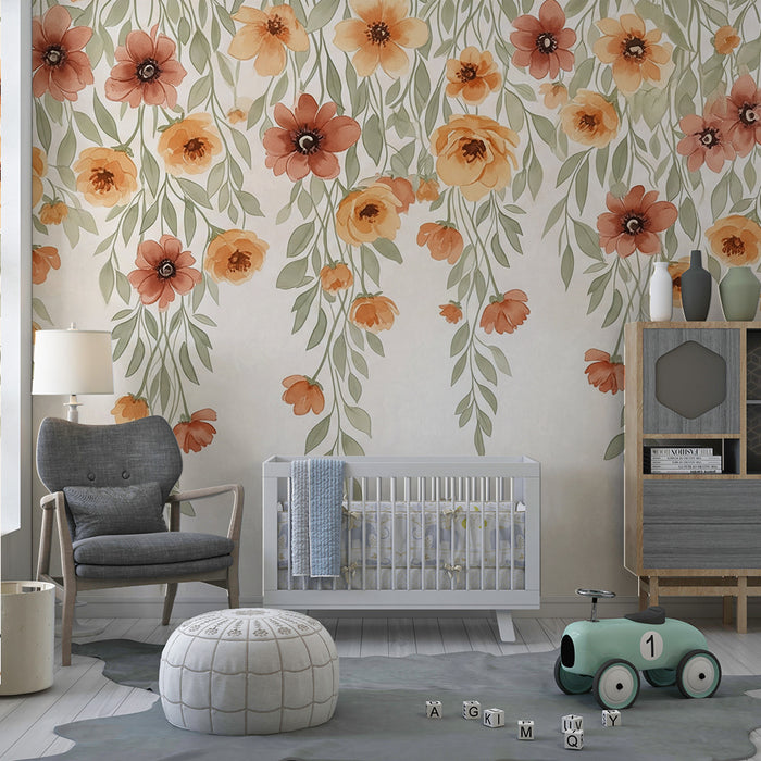 Papier peint chambre bébé | Fleurs délicates aux teintes douces et feuillage suspendu