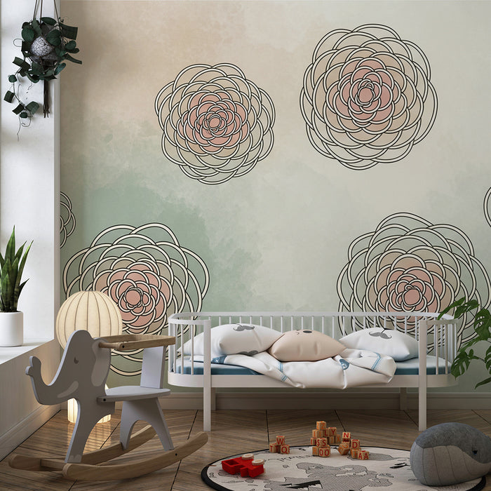 Papel de parede para quarto de bebé | Flores delicadas em tons suaves sobre fundo de aguarela