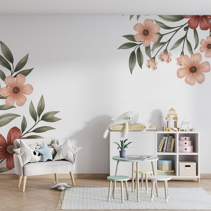 Papel de parede quarto bebê | Flores delicadas em tons suaves em fundo branco
