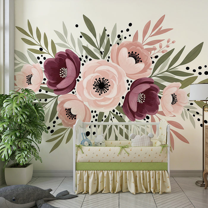 Børneværelse tapet | Delikate blomster i blide nuancer på en lys baggrund