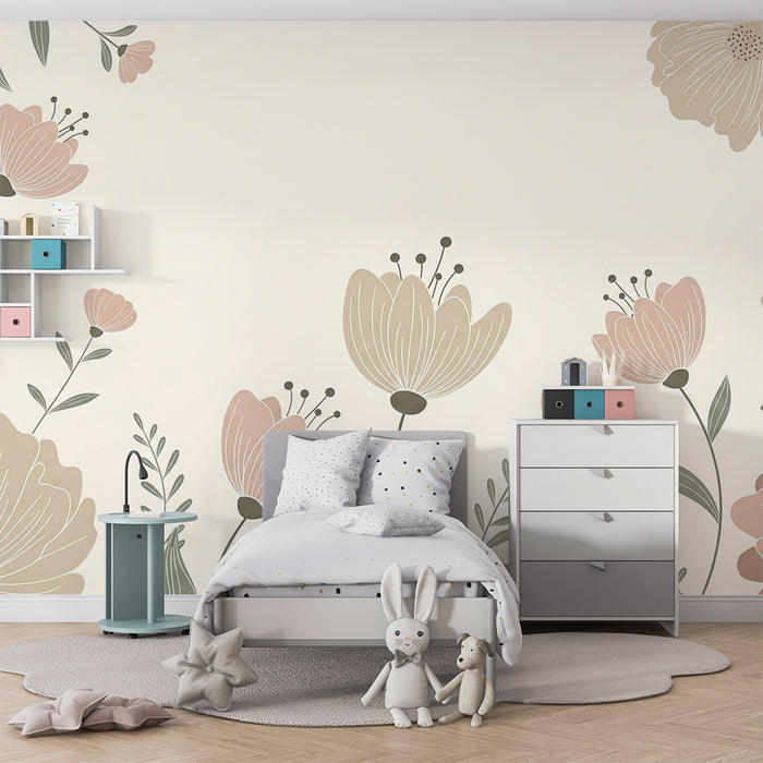 Babyzimmer Tapete | Zarte Blumen in sanften Farbtönen auf cremefarbenem Hintergrund