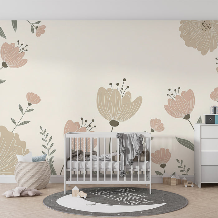 Babyzimmer Tapete | Zarte Blumen in sanften Farbtönen auf cremefarbenem Hintergrund