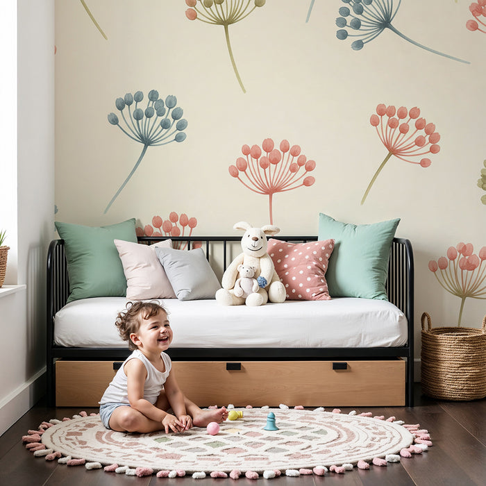 Papier peint chambre bébé | Fleurs délicates aux teintes pastel sur fond crème