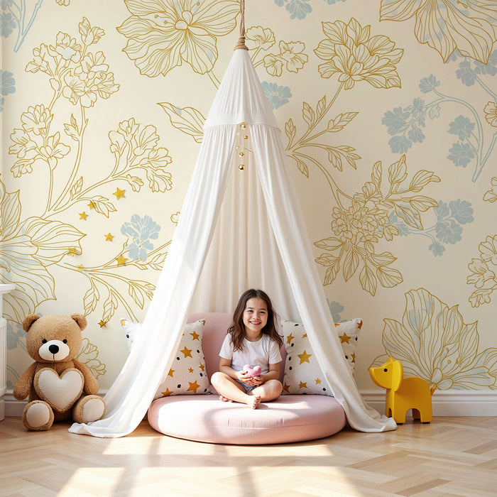 Papier peint chambre bébé | Fleurs délicates aux teintes pastel sur fond crème