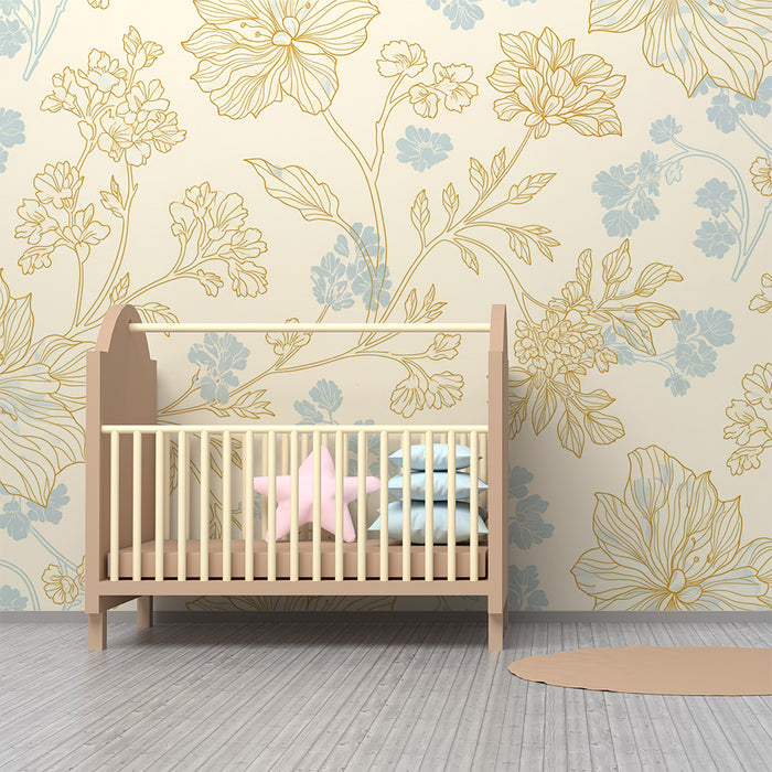 Papier peint chambre bébé | Fleurs délicates aux teintes pastel sur fond crème