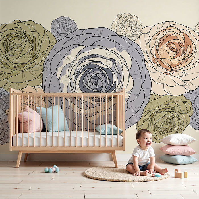 Papel de parede para quarto de bebé | Flores delicadas em tons pastel sobre fundo suave
