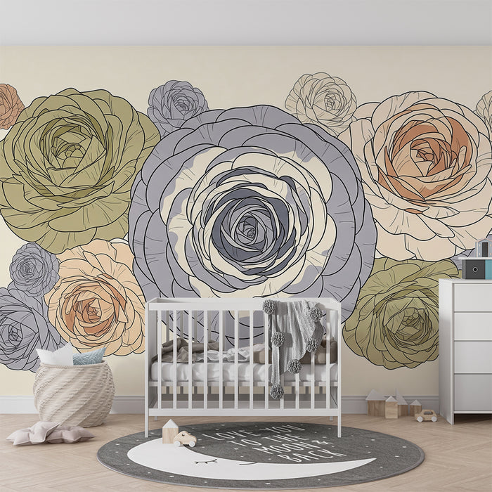 Papel de parede para quarto de bebé | Flores delicadas em tons pastel sobre fundo suave
