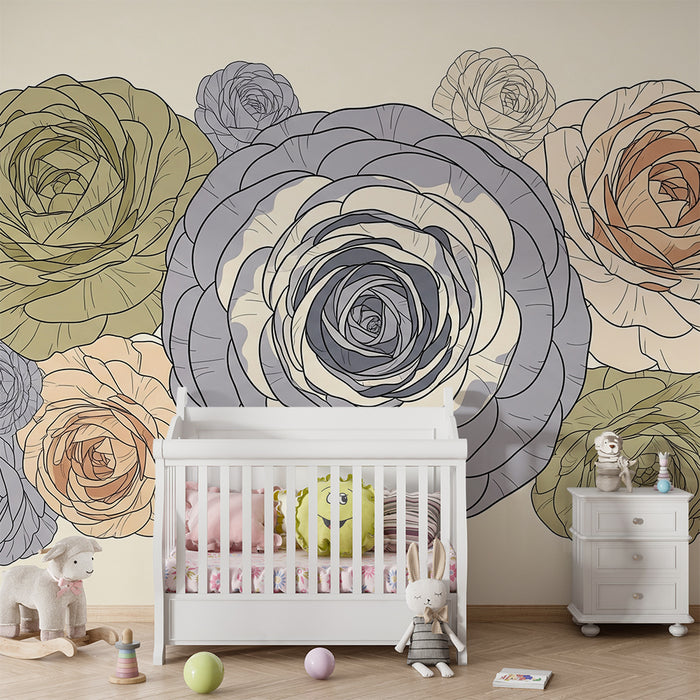 Papel de parede para quarto de bebé | Flores delicadas em tons pastel sobre fundo suave