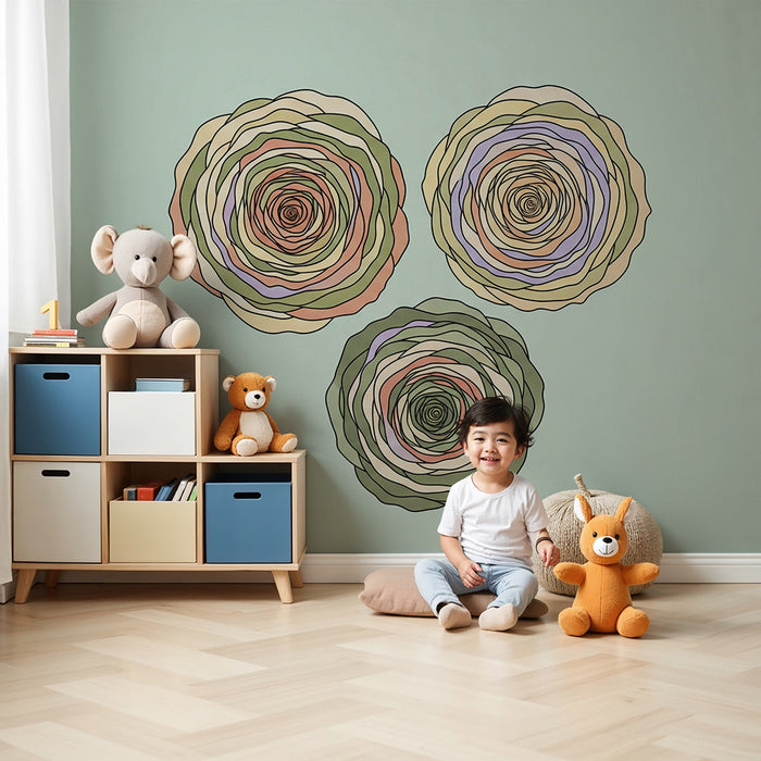 Babyzimmer-Tapete | Zarte Blüten in Pastelltönen auf weichem Grün