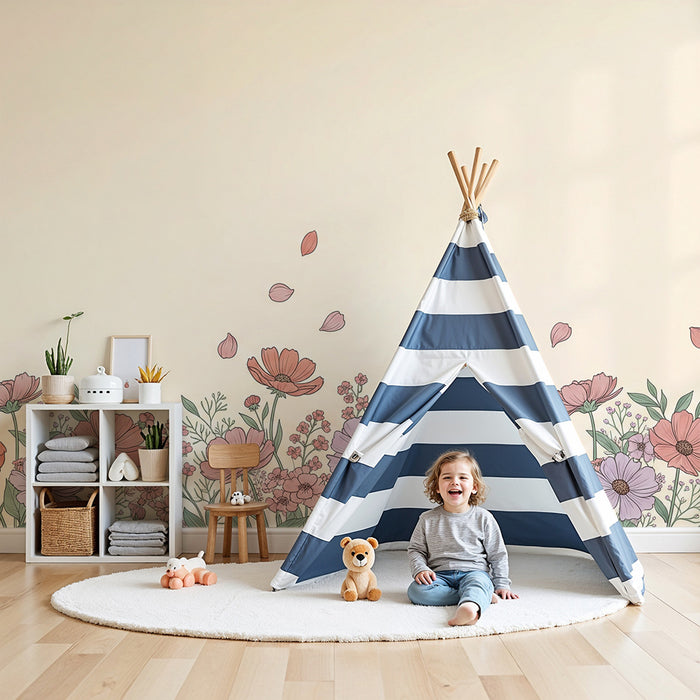 Papier peint chambre bébé | Fleurs délicates avec pétales flottants sur fond doux