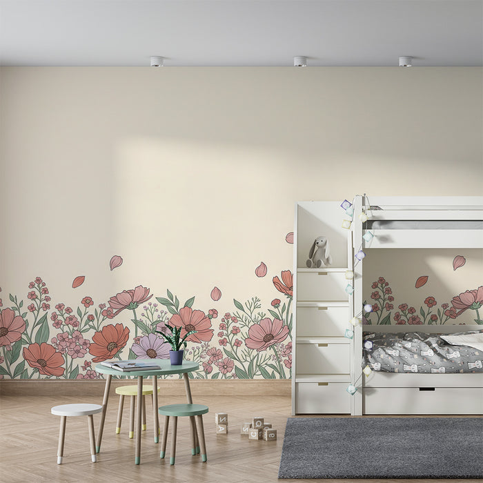 Papier peint chambre bébé | Fleurs délicates avec pétales flottants sur fond doux
