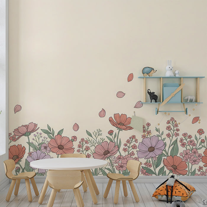 Papier peint chambre bébé | Fleurs délicates avec pétales flottants sur fond doux
