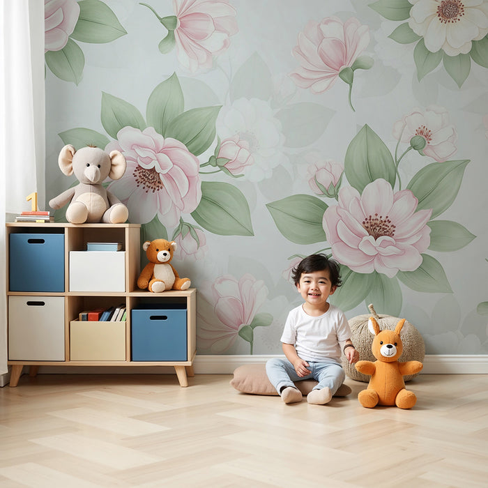 Papier peint chambre bébé | Fleurs délicates dans des nuances de rose et de blanc
